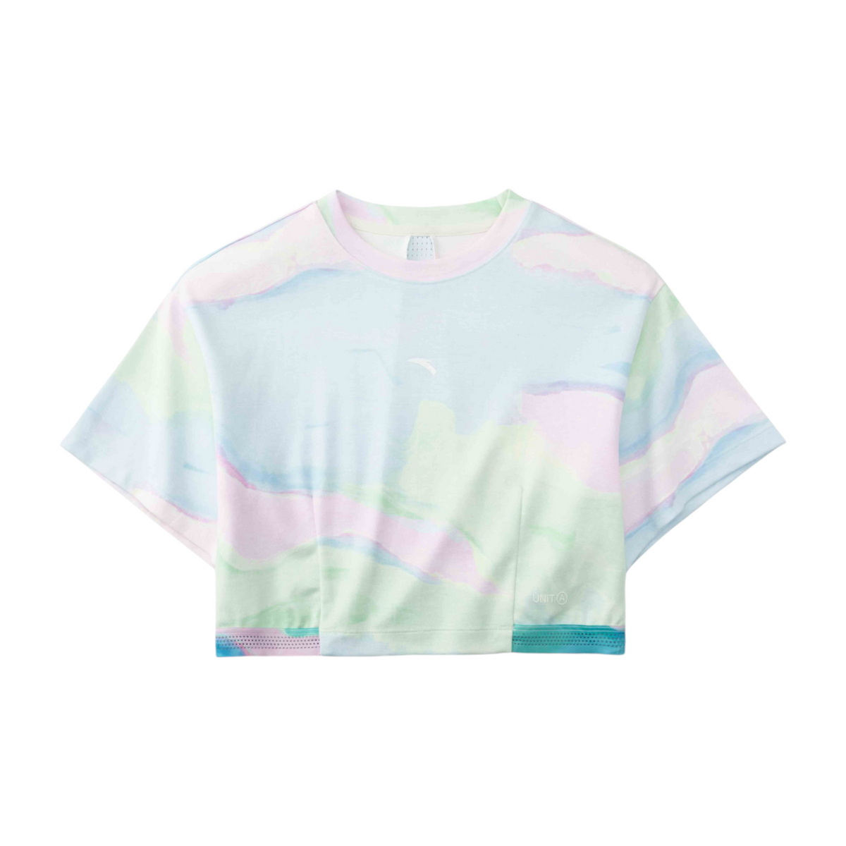 FRG short sleeve cropped t-shirt featuring a pastel watercolor marble print and a ribbed hem detail.