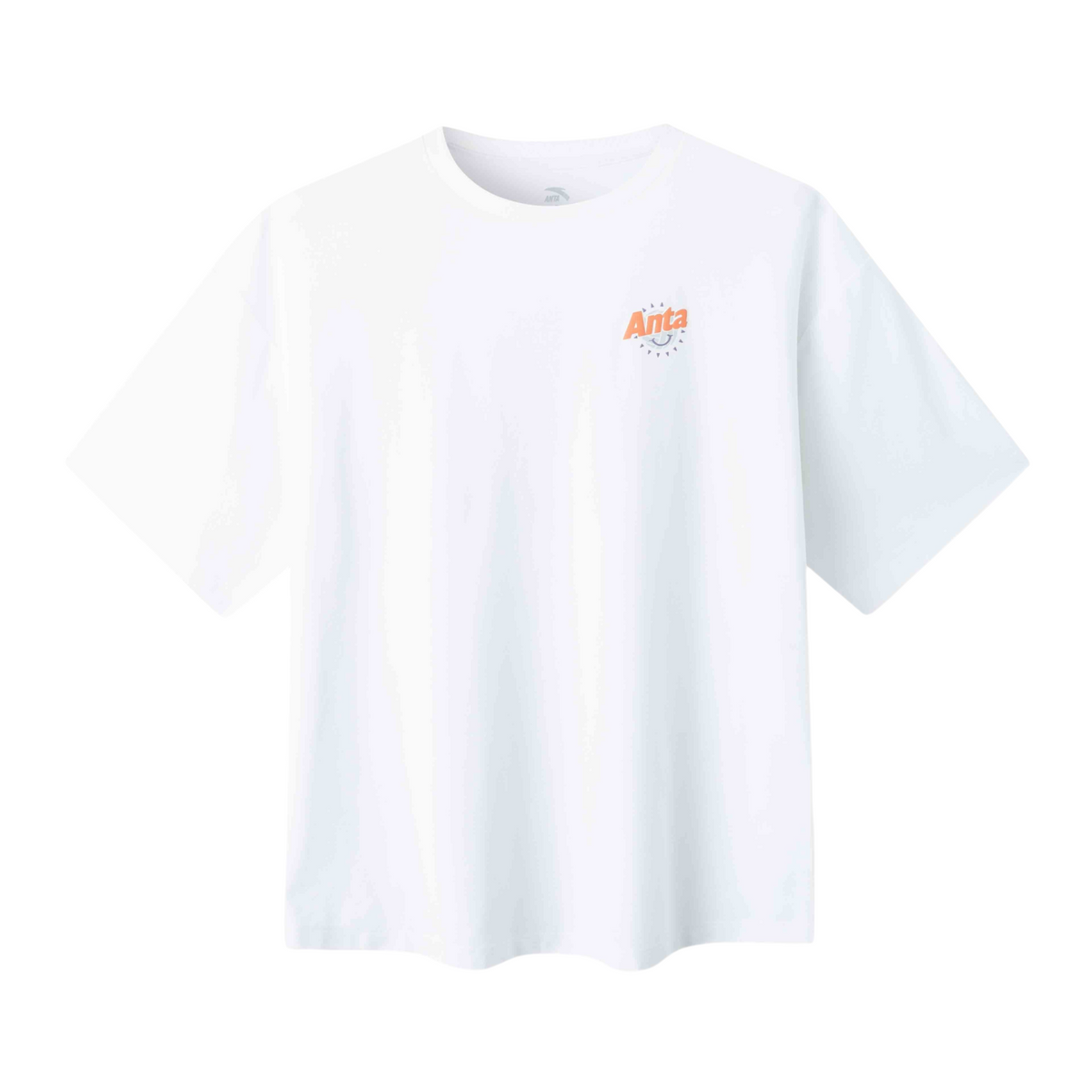 FRG white short sleeve t-shirt with a small orange Anta logo graphic on the chest