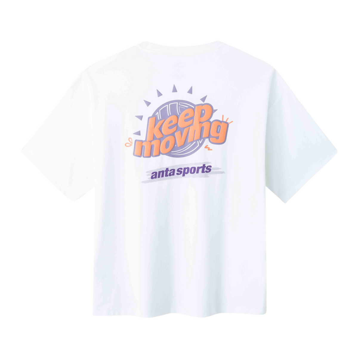 FRG white short sleeve t-shirt featuring a back graphic with Keep Moving text and Anta Sports logo in purple and orange