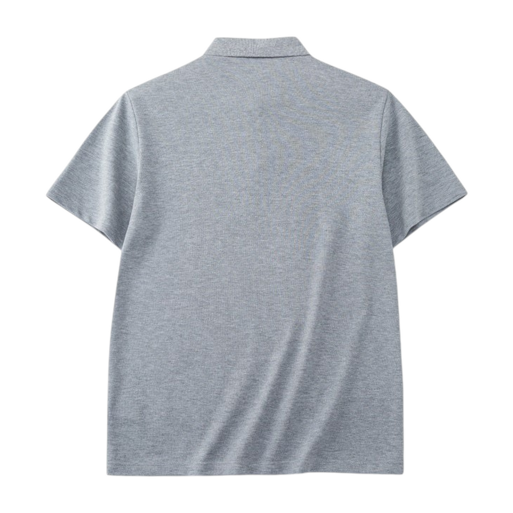 Back view of a grey FRG short sleeve polo shirt made from soft cotton fabric with a classic collar.