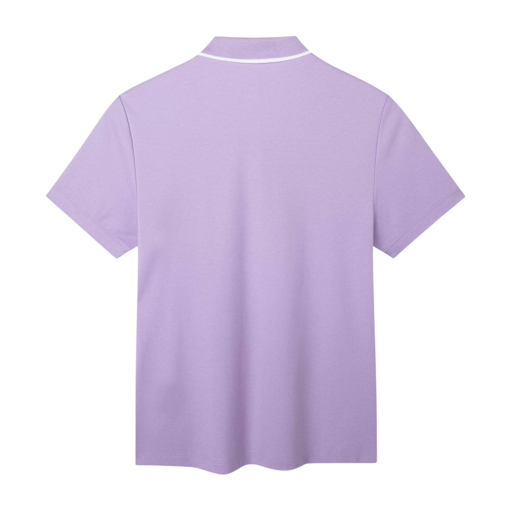 Back view of a light purple FRG short sleeve polo shirt with a white collar trim detail.