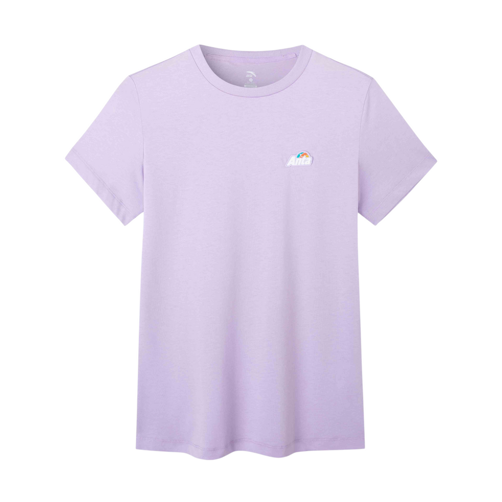 FRG short sleeve crew neck t-shirt in light purple with a small colourful logo graphic on the chest