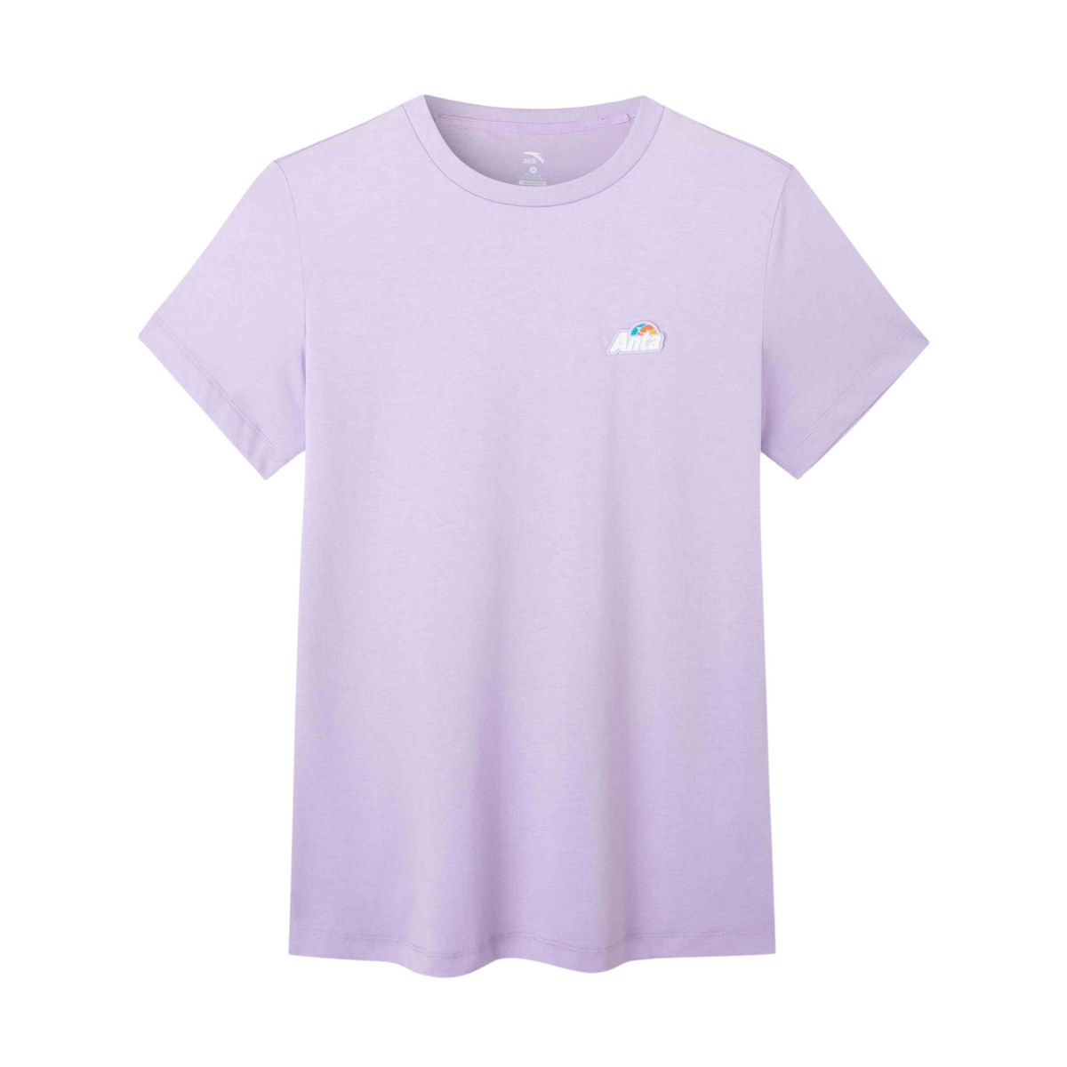 FRG short sleeve crew neck t-shirt in light purple with a small colourful logo graphic on the chest