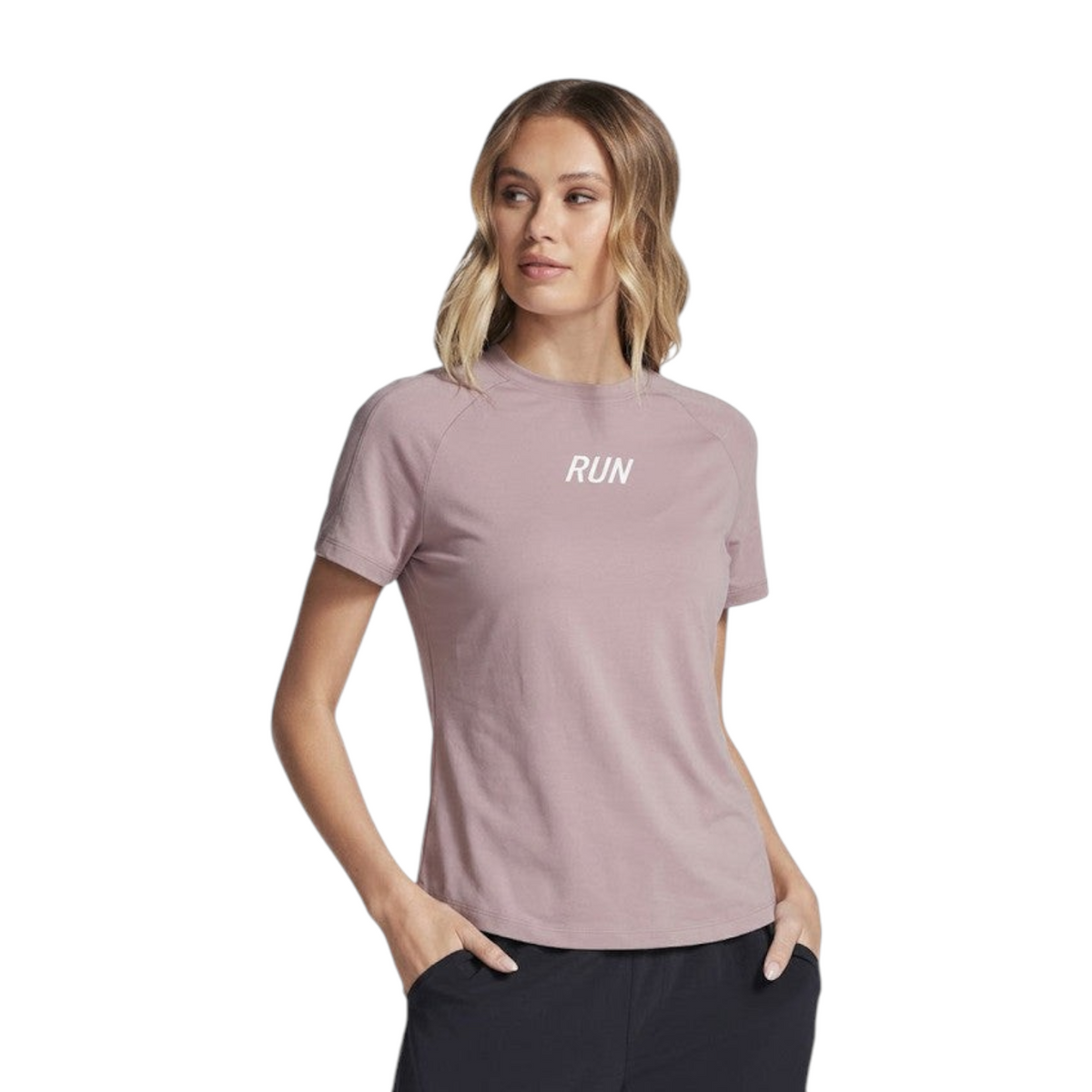 FRG ANTA A-Chill Touch mineral pink running t-shirt with short sleeves and white RUN graphic on chest worn by a model