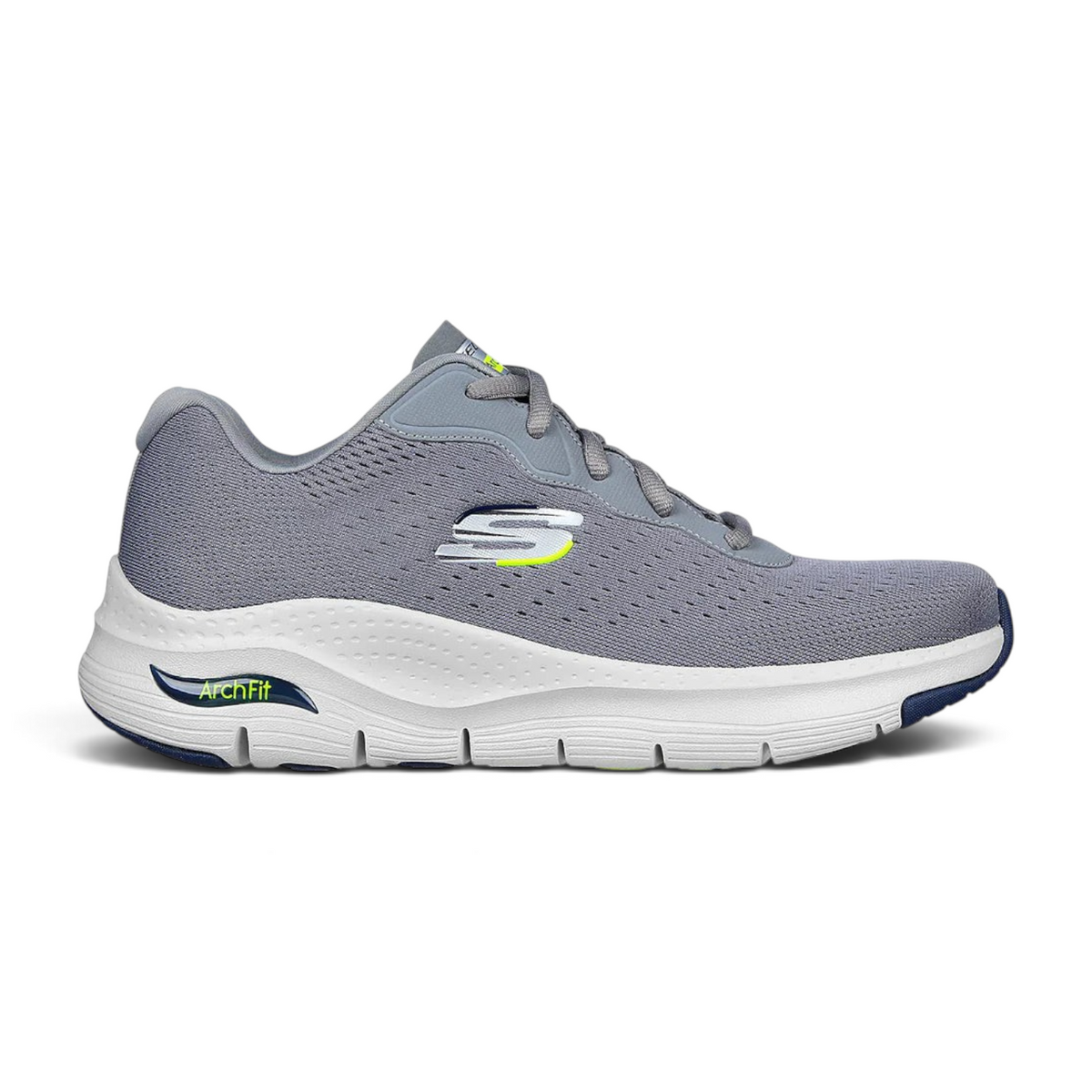FRG Skechers Arch Fit grey vegan mesh lace-up sneaker with white cushioned midsole and neon yellow logo accents