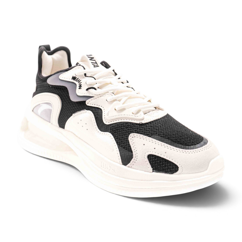 FRG casual shoes in black and white with a mesh and suede layered design and a thick cushioned sole