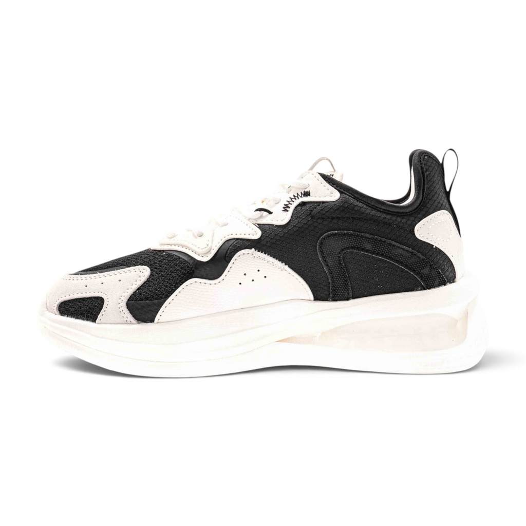 FRG casual sneakers in black and white featuring a mesh and synthetic upper with a chunky platform sole