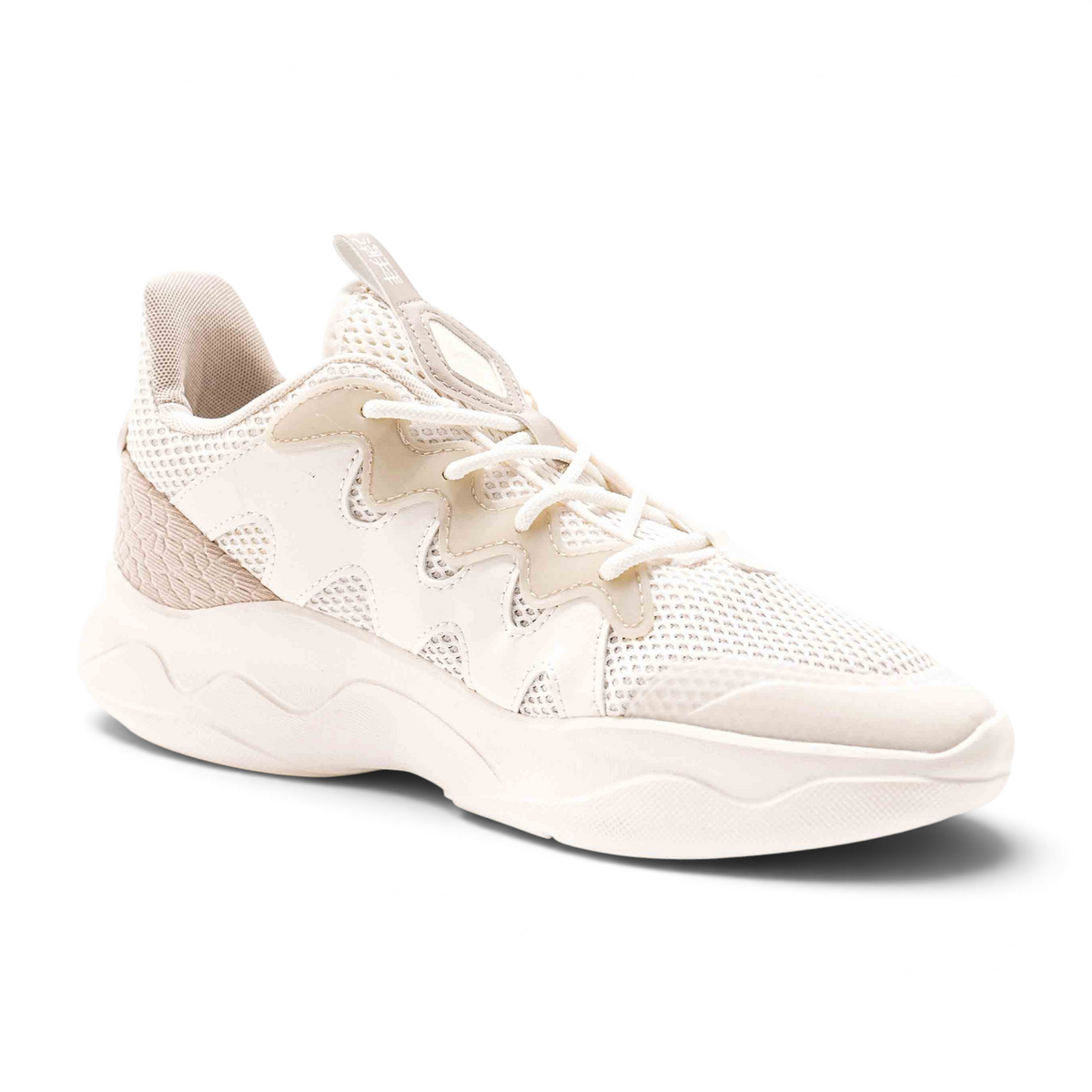 FRG casual shoes in off-white featuring a breathable mesh upper, wavy overlays, and a chunky cushioned sole.