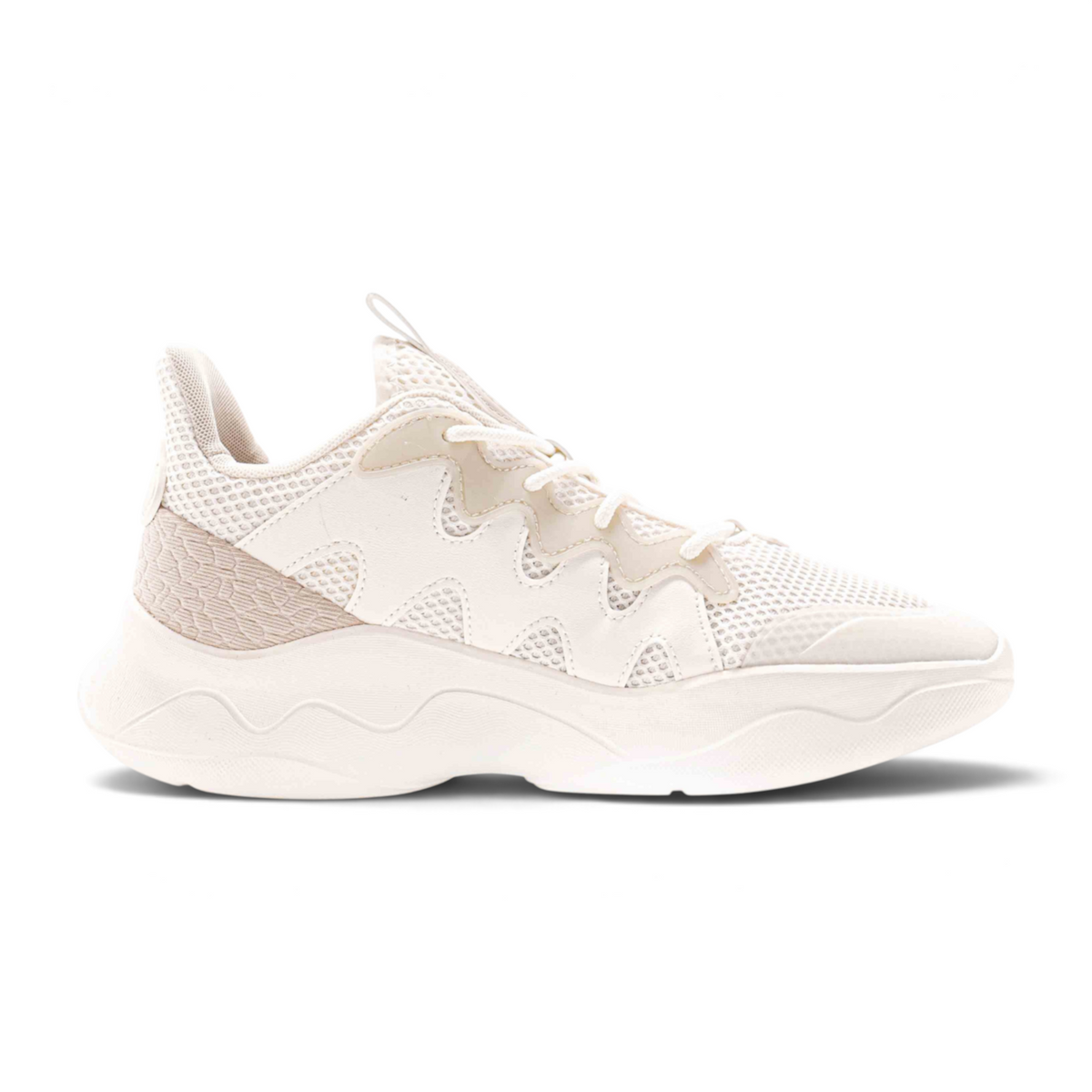 FRG casual shoes in off-white with mesh panels, wavy textured detailing, and a thick cushioned sole.