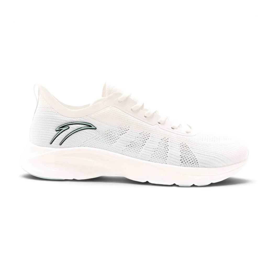 FRG men's white lightweight mesh running shoes with a sleek athletic design and side logo detail