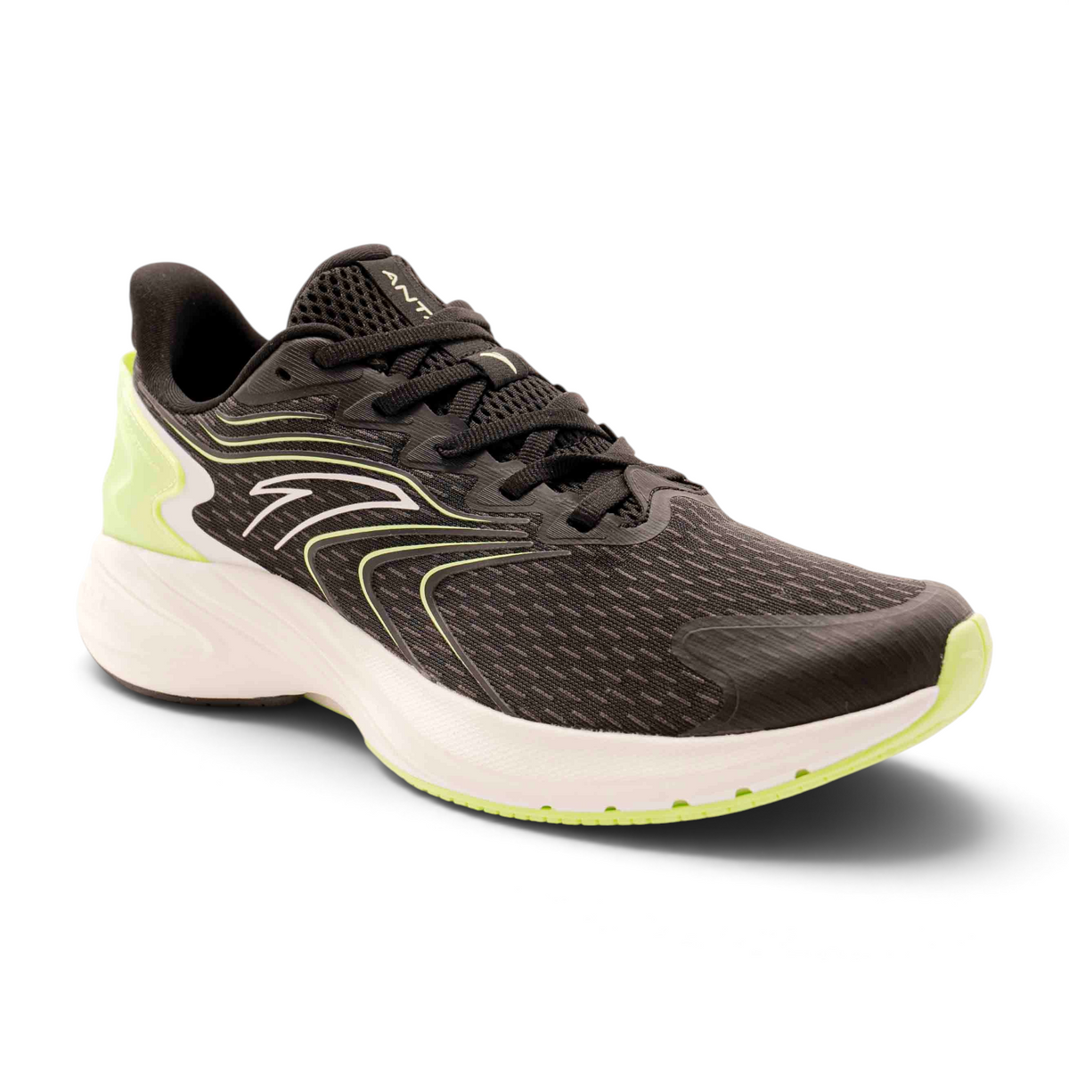 FRG running shoes in black with lime green accents, featuring a breathable mesh upper and white cushioned sole