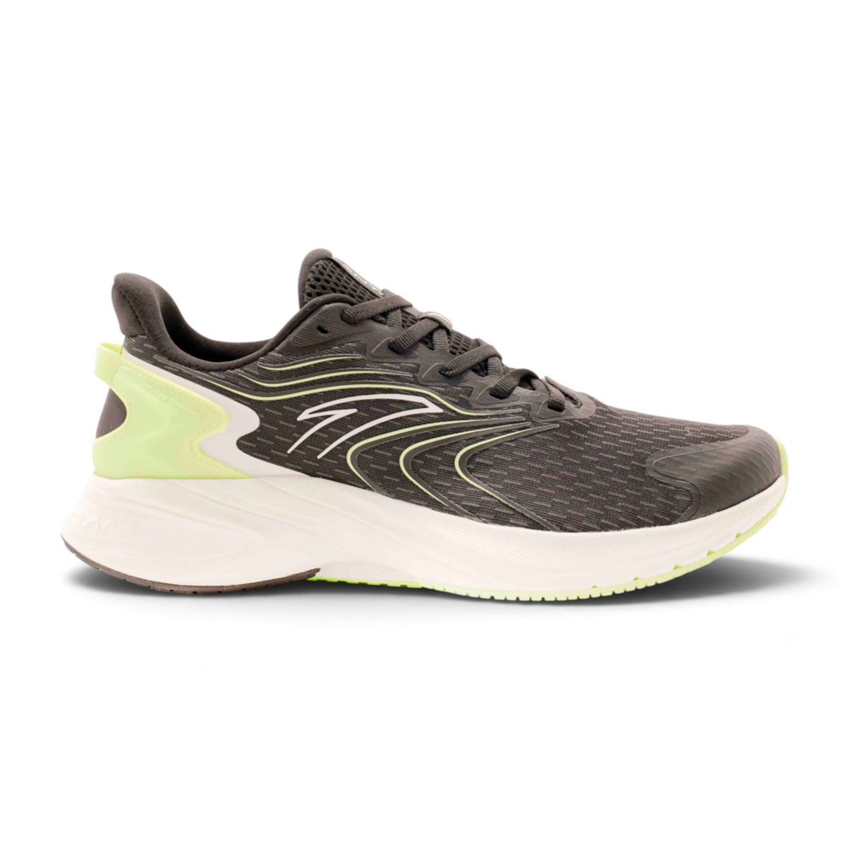 FRG running shoes in dark grey with neon yellow accents, featuring a breathable mesh upper and white cushioned sole.
