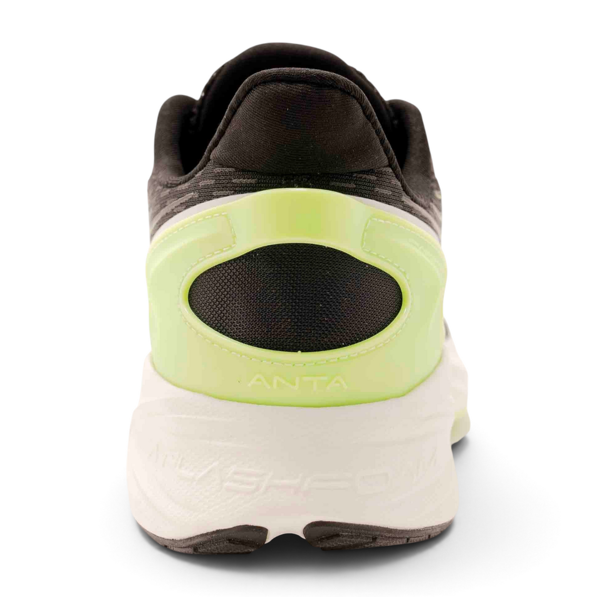 Rear view of FRG running shoes featuring a black mesh upper, white midsole, and neon yellow heel support detail.