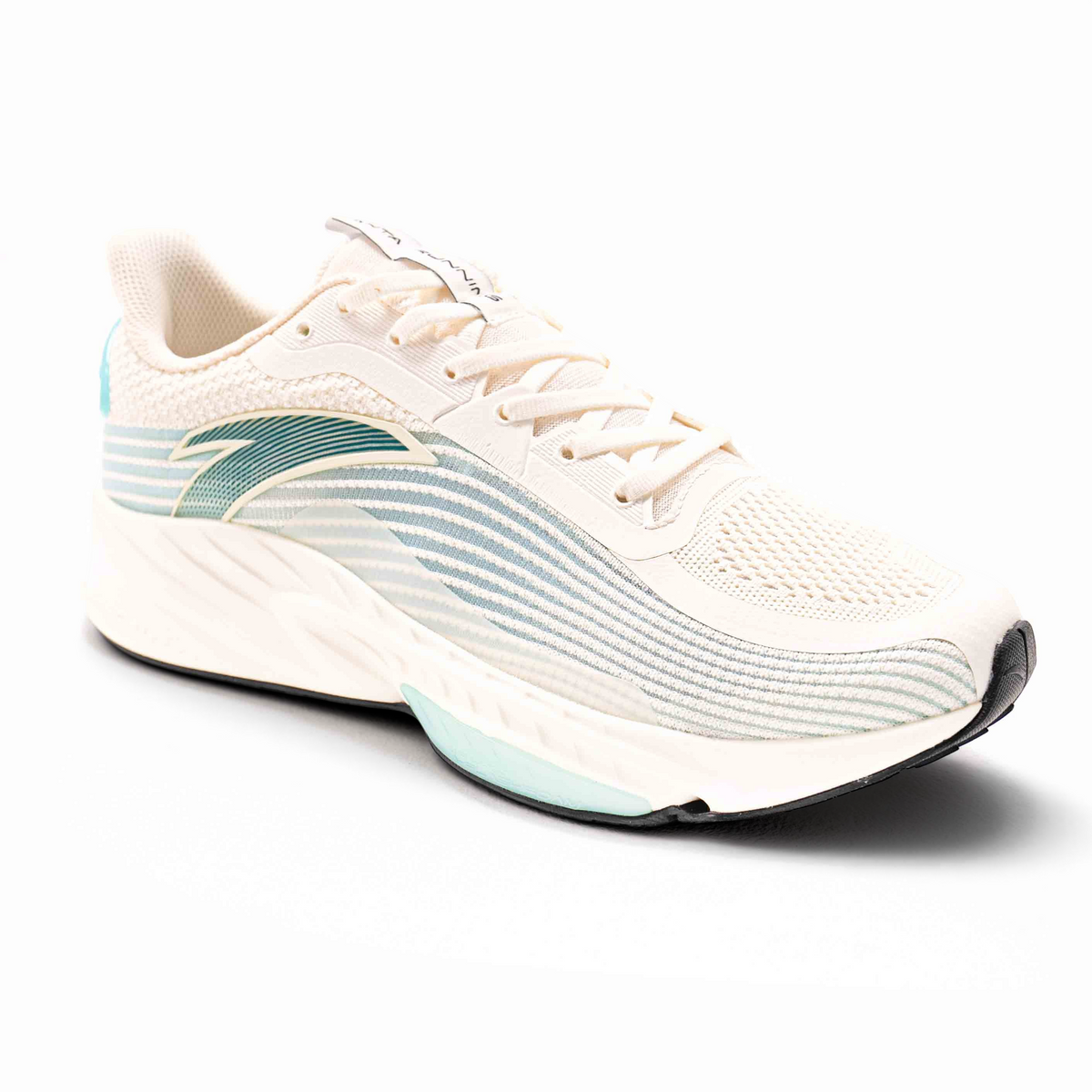 FRG men's running shoes in cream mesh with teal wave patterns and a cushioned white sole