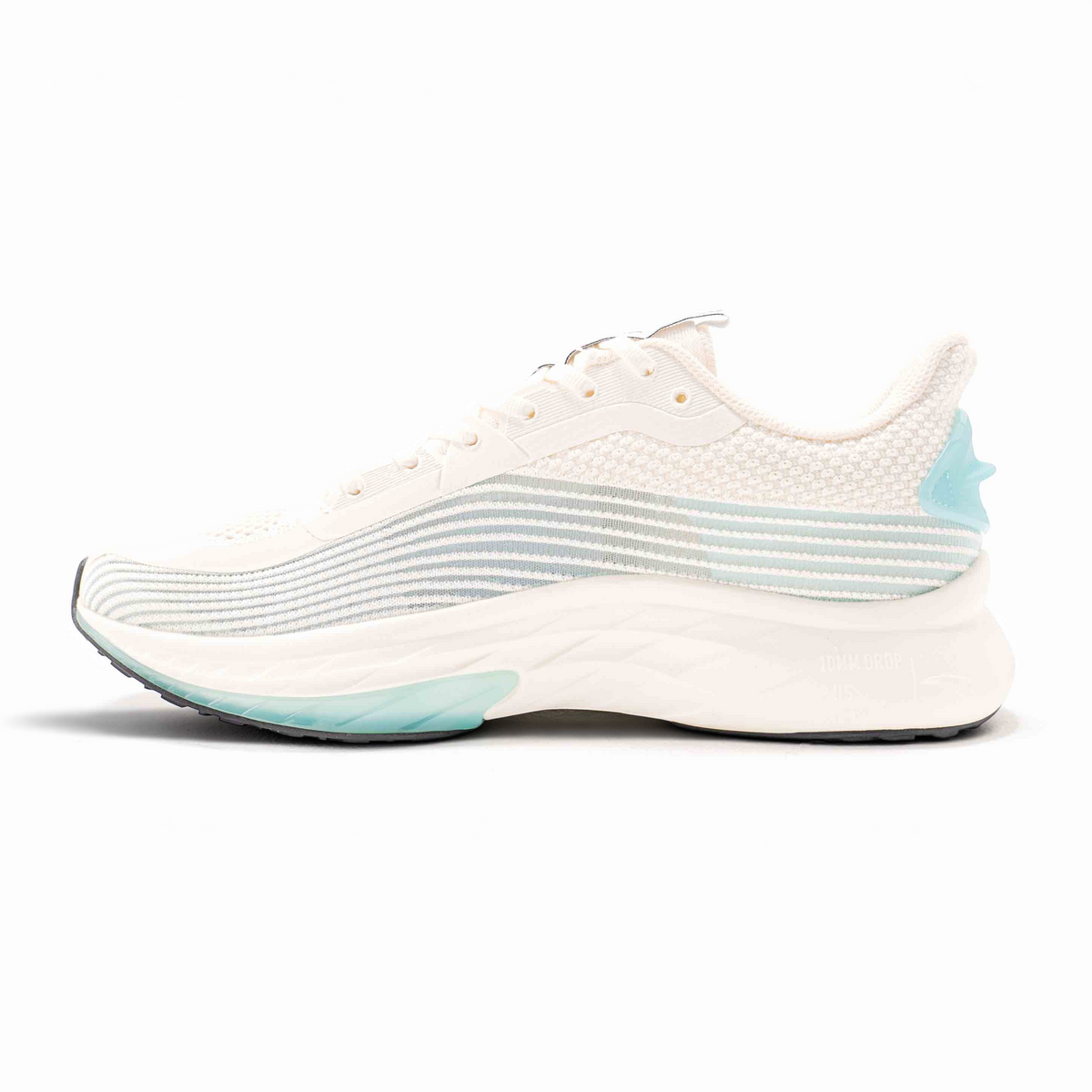 FRG men's running shoes in white with light blue accents, featuring a breathable knit upper and cushioned sole.