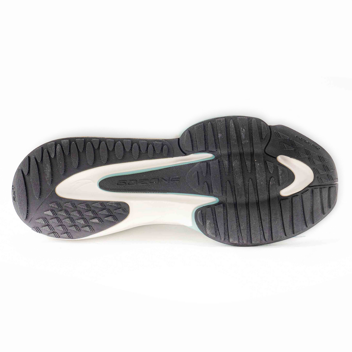 FRG men's running shoe outsole with black rubber tread, white midsole, and teal accents for traction and support