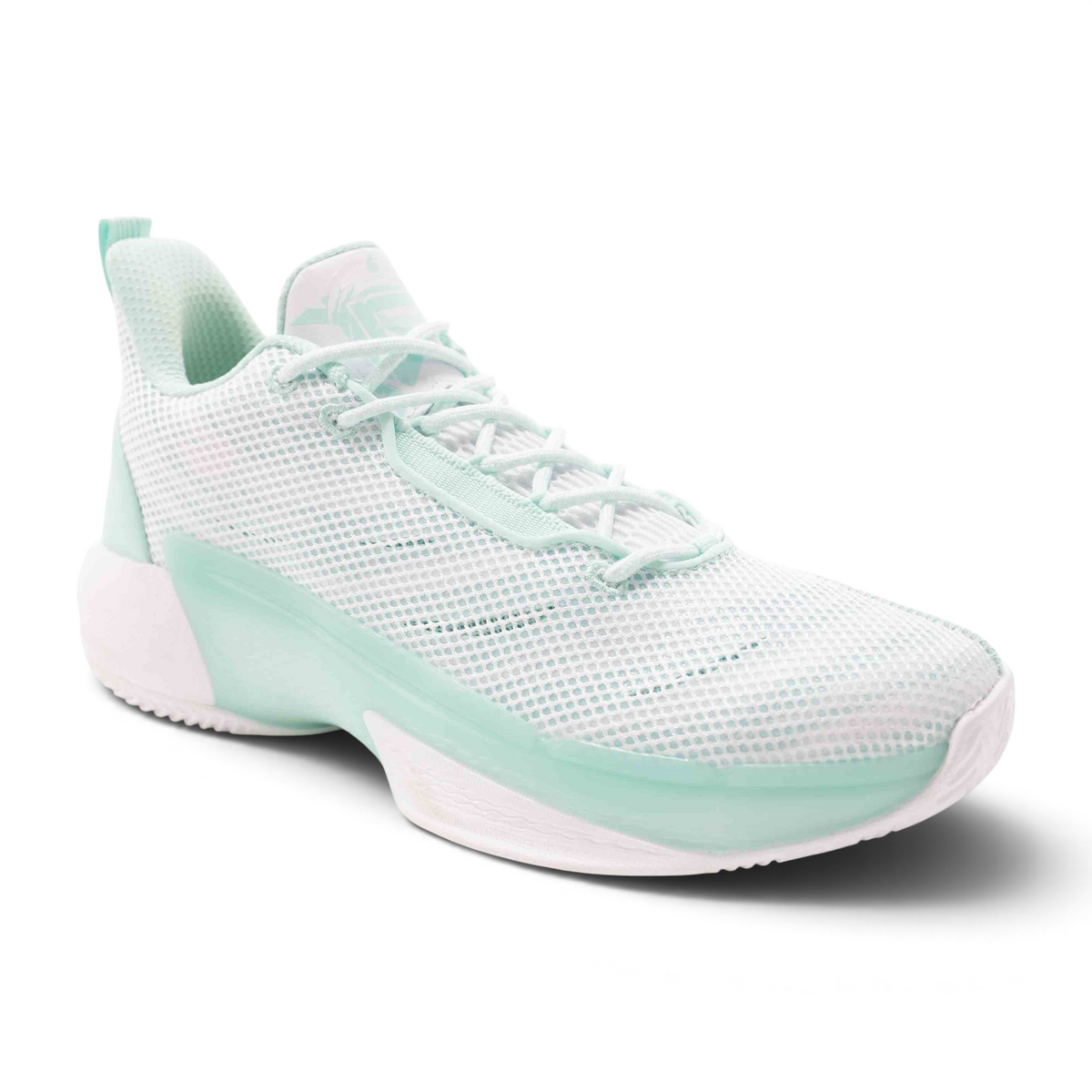 FRG basketball shoes in mint green and white with a breathable mesh upper and durable rubber sole