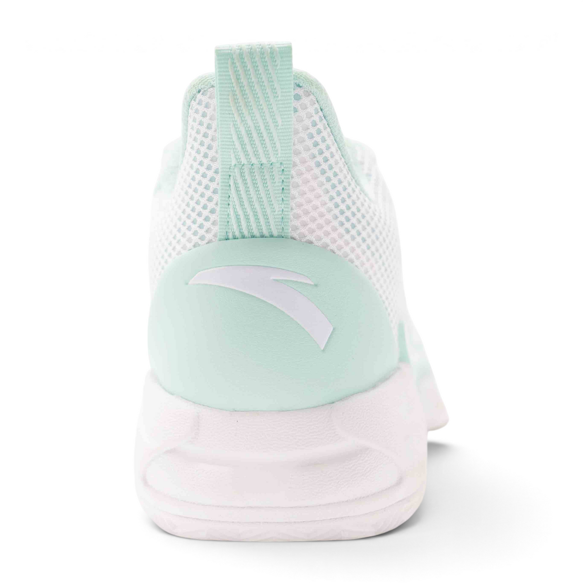 FRG basketball shoes in mint green and white with a breathable mesh upper and heel pull tab, rear view