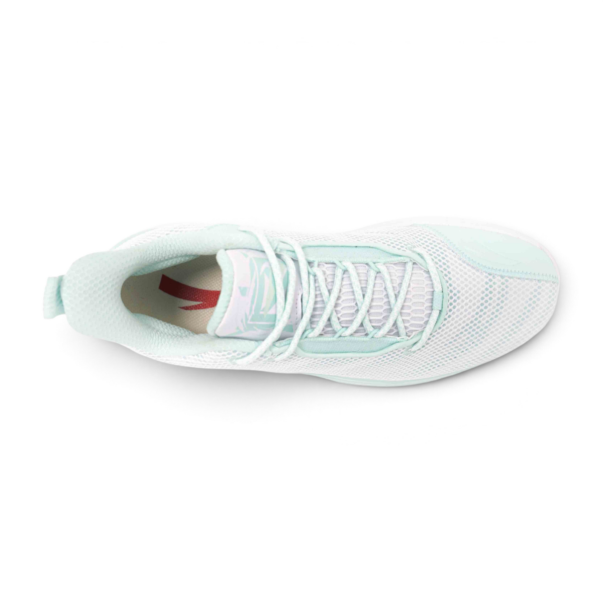 FRG basketball shoes in white and mint green with a breathable mesh upper and lace-up closure, top-down view.