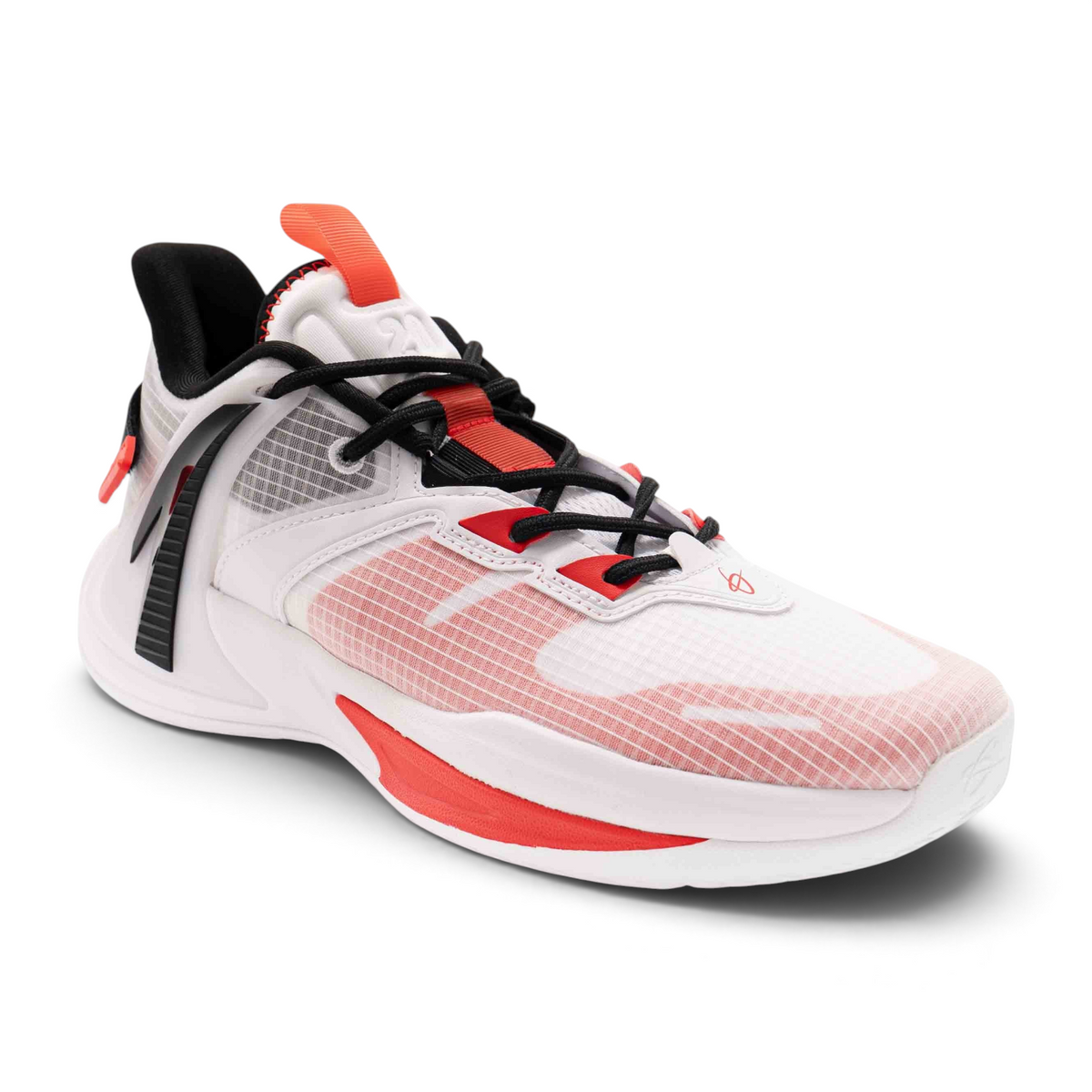 FRG basketball shoes in white with red and black accents, featuring a lightweight mesh upper and durable sole.