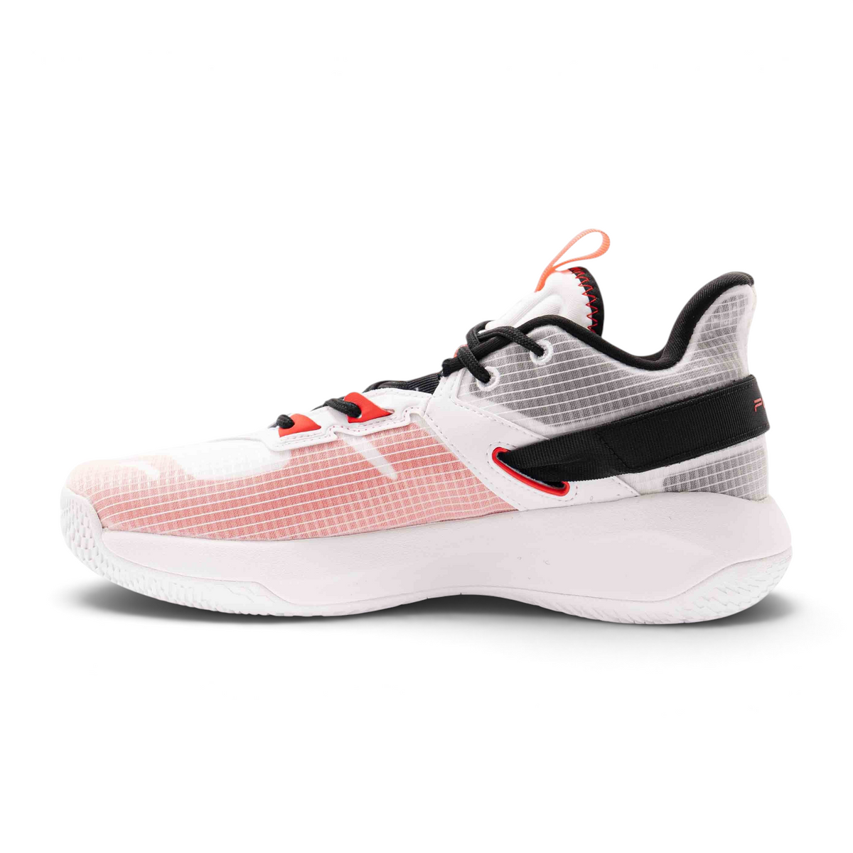 FRG basketball shoes in white, coral, and black with a lightweight mesh upper and durable rubber sole