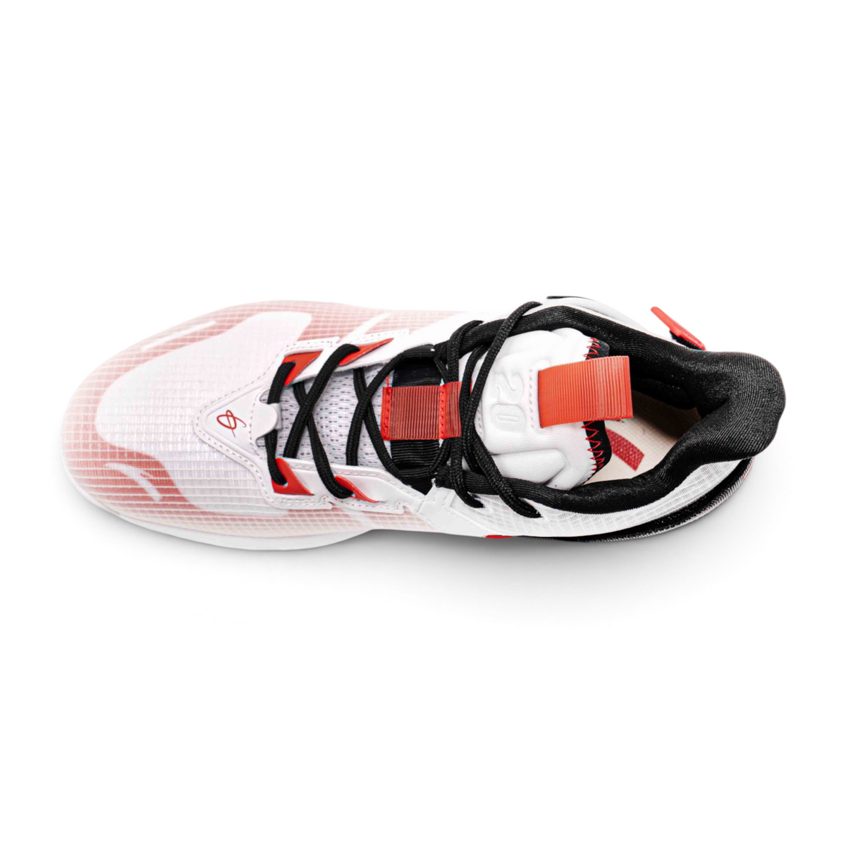 FRG basketball shoes in white with red accents, black laces, and a breathable mesh upper, top-down view.