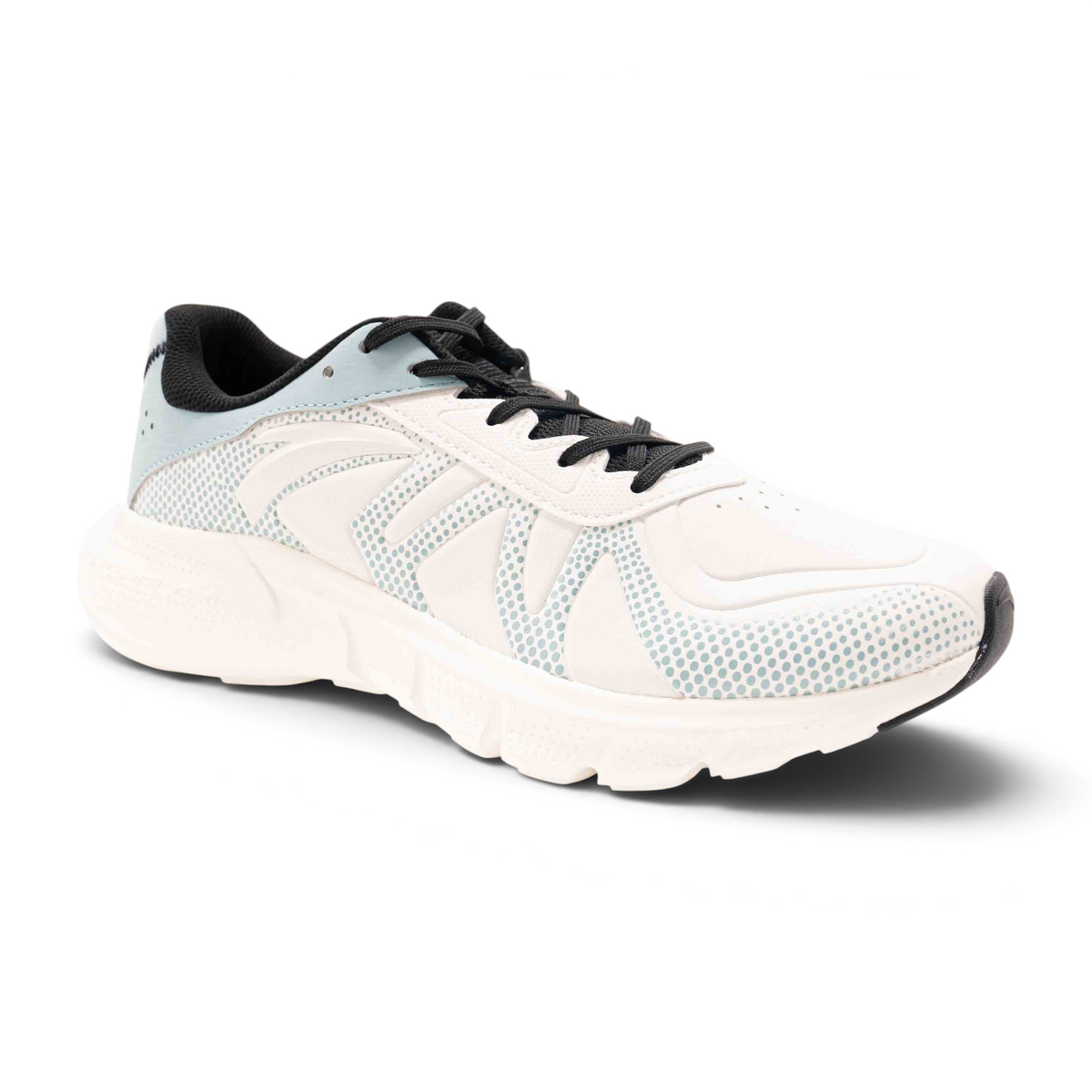FRG running shoes in white and light blue with black laces and a breathable mesh upper on a white background
