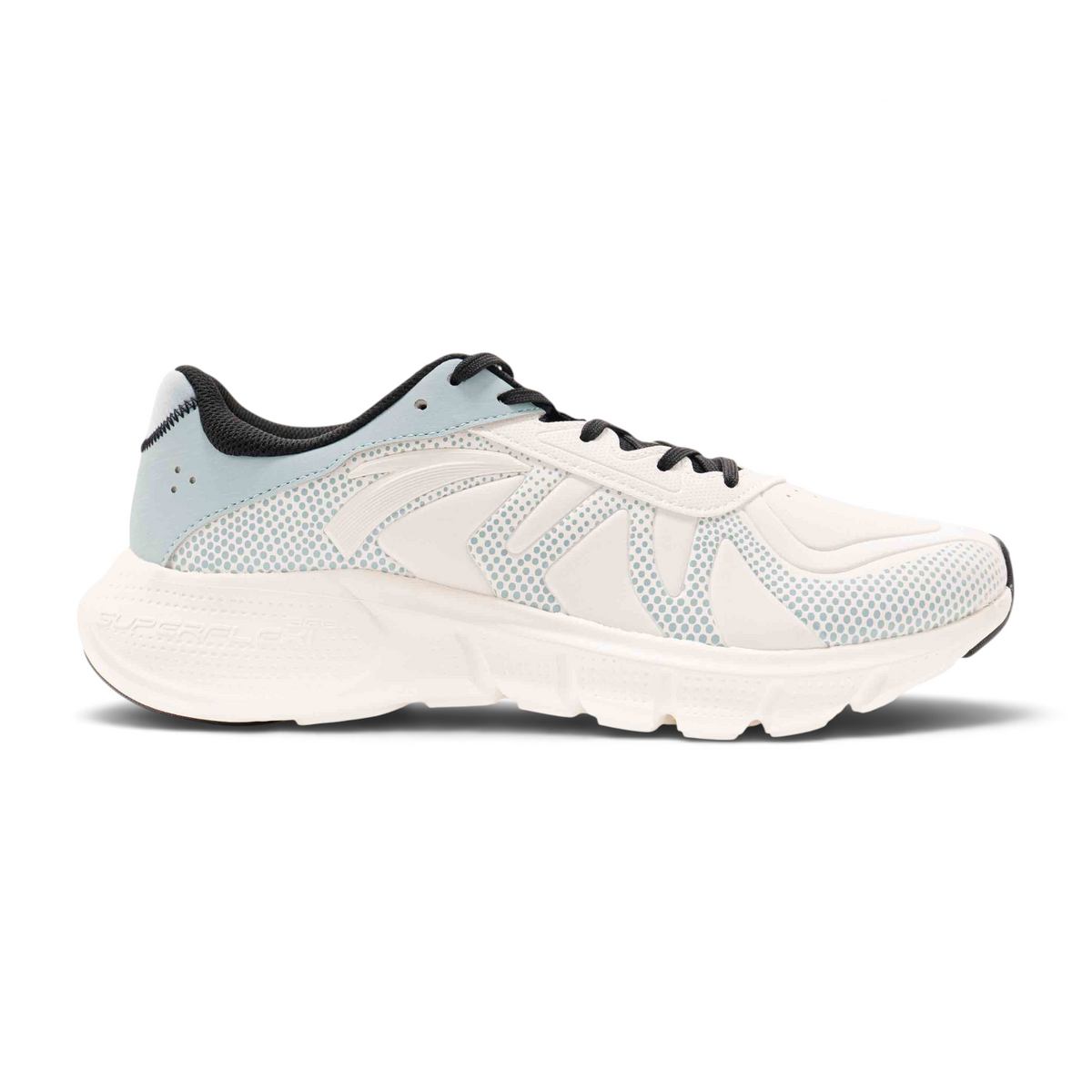 FRG running shoes in white with light blue accents, featuring a breathable mesh upper and durable cushioned sole.