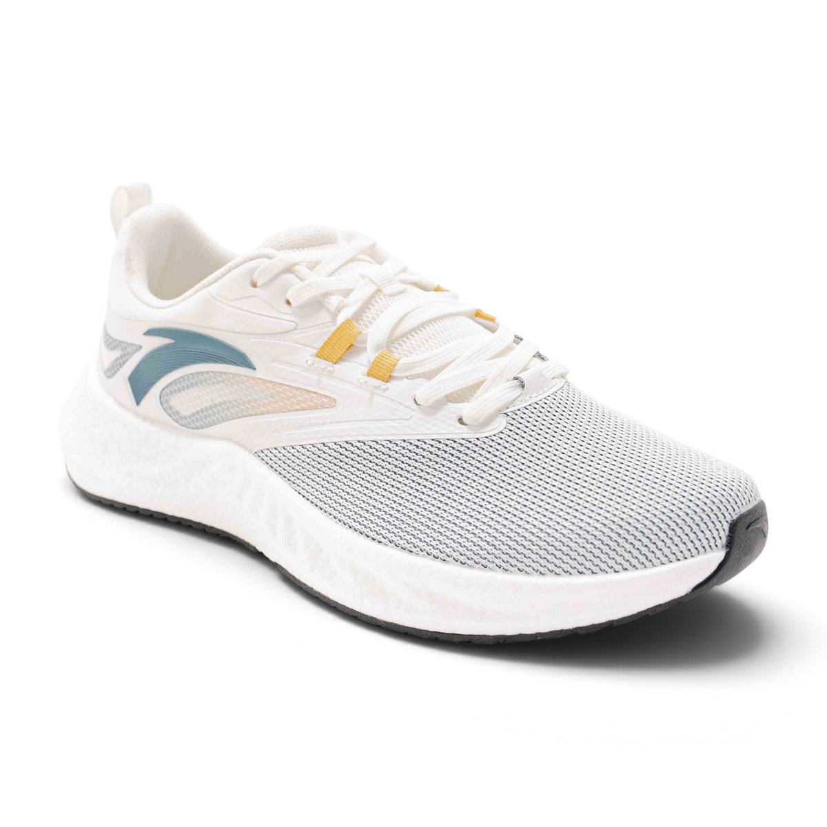 FRG running shoes in white mesh with blue and yellow accents, featuring a cushioned sole and lace-up design.