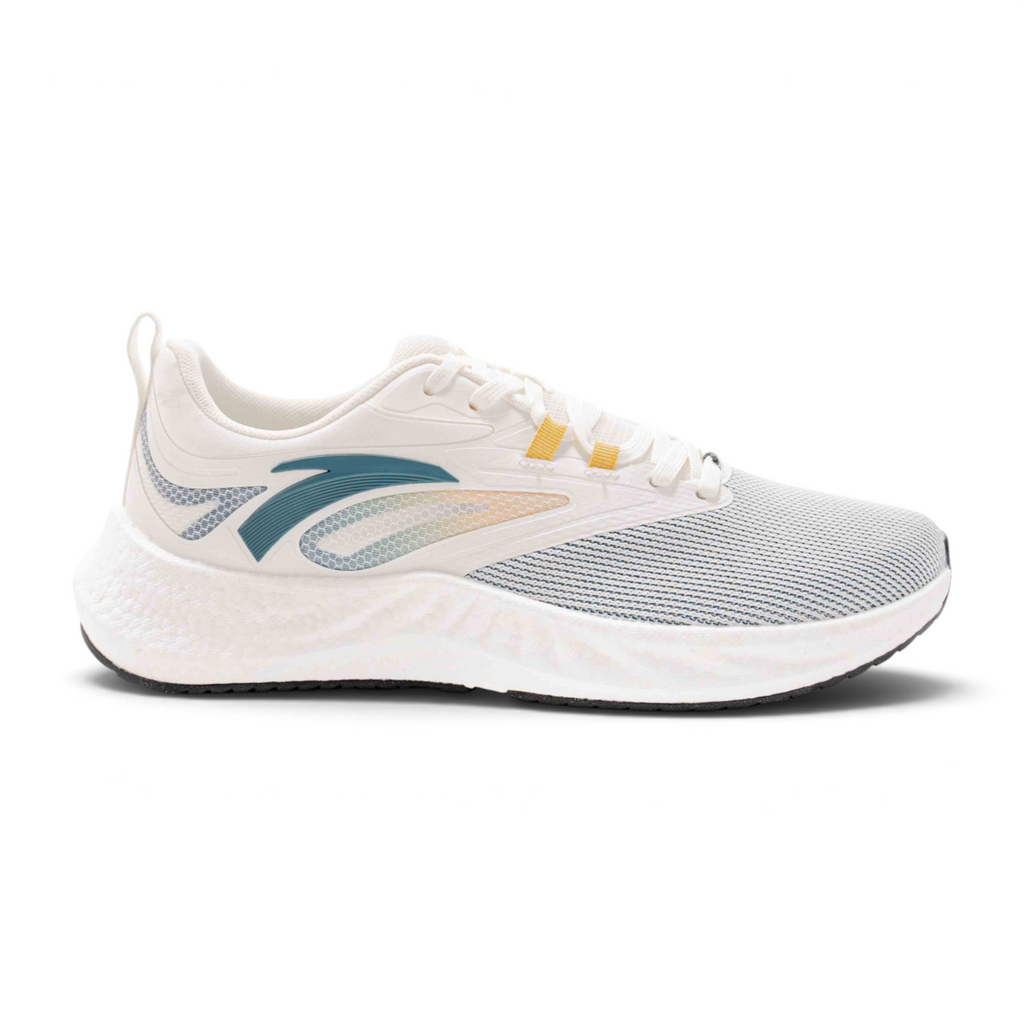 FRG white running shoes with breathable mesh upper, cushioned white midsole, and teal and yellow accent details.