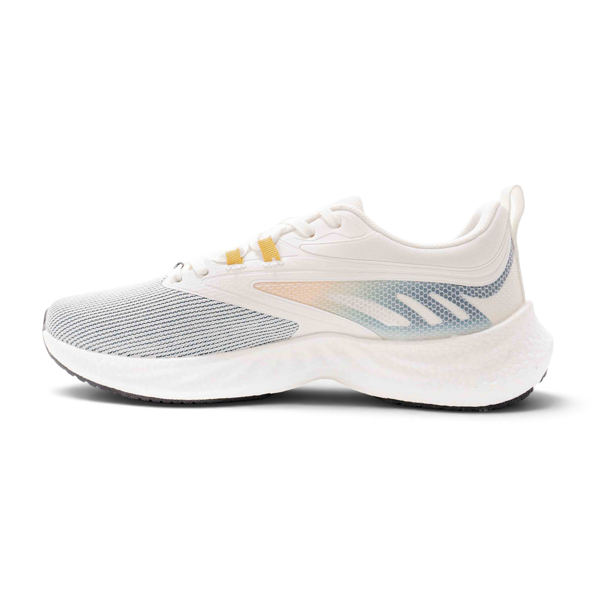 FRG running shoes in white with a breathable mesh upper, iridescent side detailing, and yellow lace loop accents.
