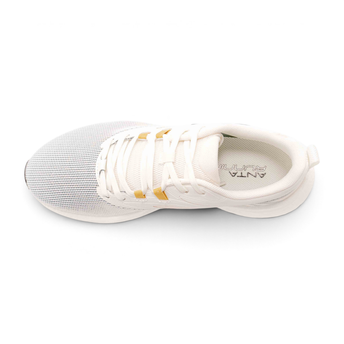 FRG running shoes in white and grey mesh with gold lace loops, top down view