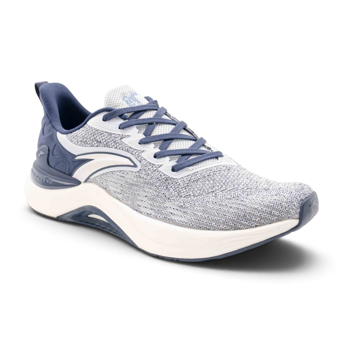 FRG running shoes featuring a grey breathable mesh upper, navy blue laces, and a supportive white cushioned sole.
