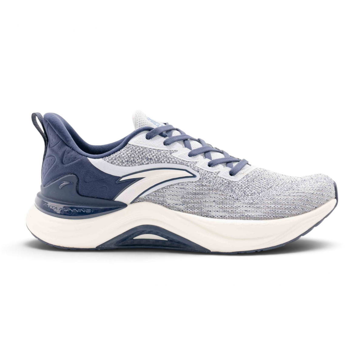 FRG running shoes in grey and navy blue with a breathable knit upper and cushioned white midsole