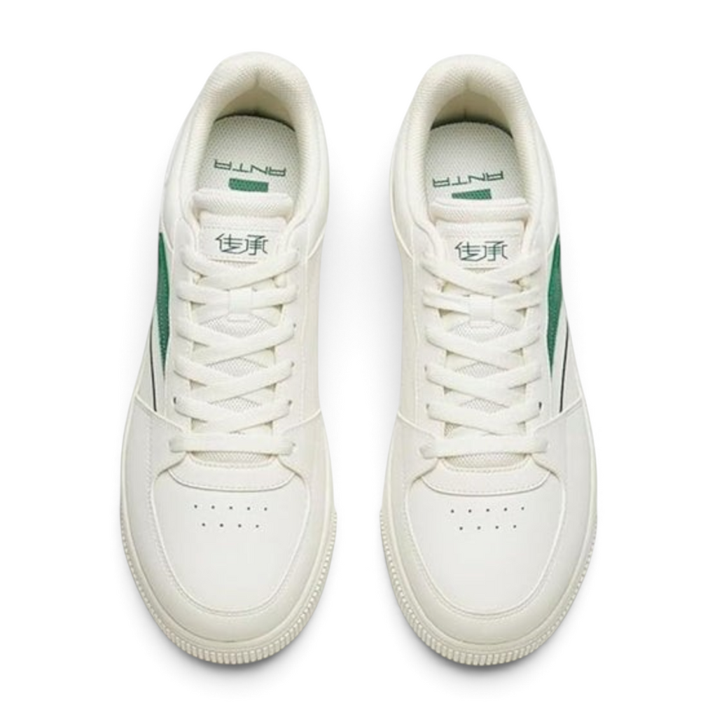 FRG ANTA retro men's lifestyle sneakers in white with green accents, featuring a court-inspired design.