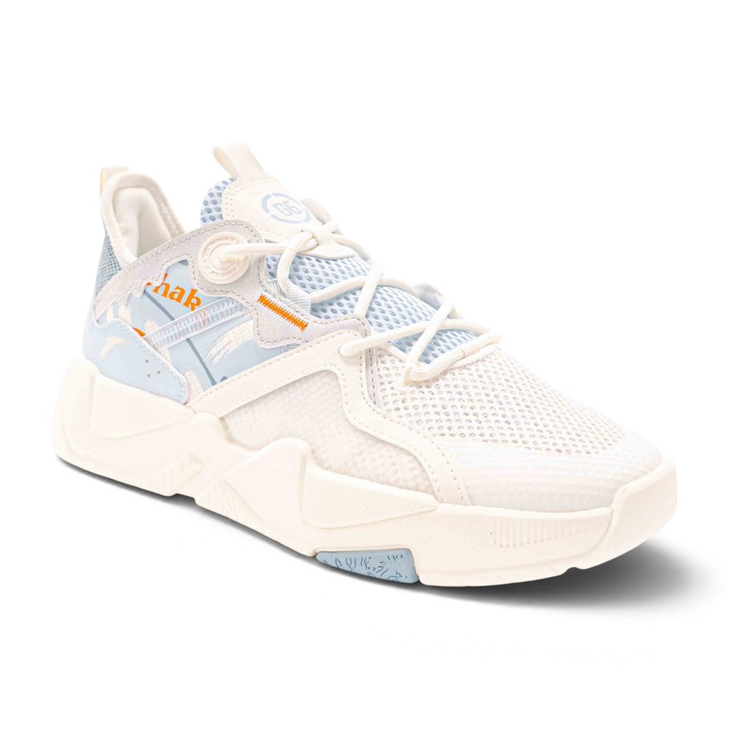 FRG X-GAME SHOES in white and light blue with mesh upper, chunky sole, and orange logo detail