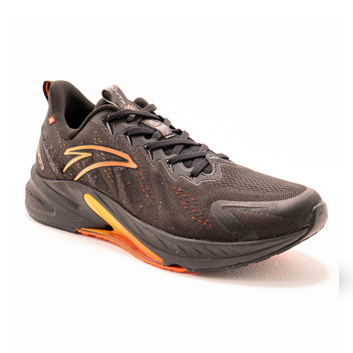 FRG men's black running shoes with orange accents, breathable mesh upper, and cushioned performance sole
