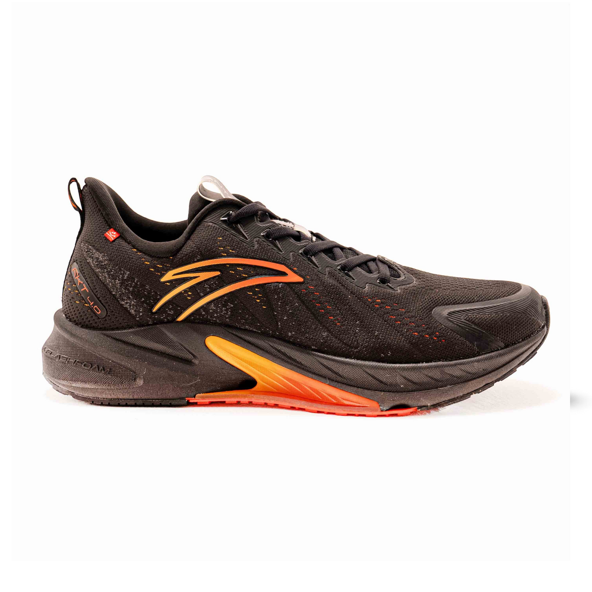 FRG men's black running shoes with orange gradient accents and cushioned Flashfoam soles, side view.