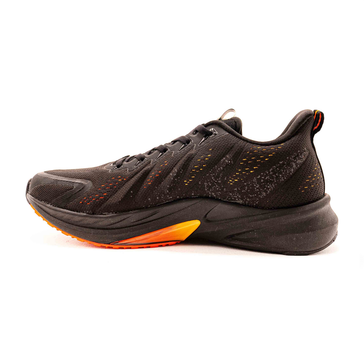 FRG men's black running shoes with orange accents and a cushioned sole, side view