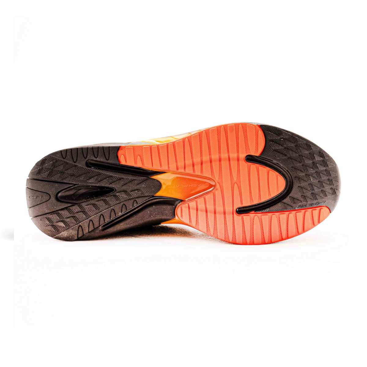 FRG men's running shoe sole featuring a black and orange rubber tread pattern for high traction