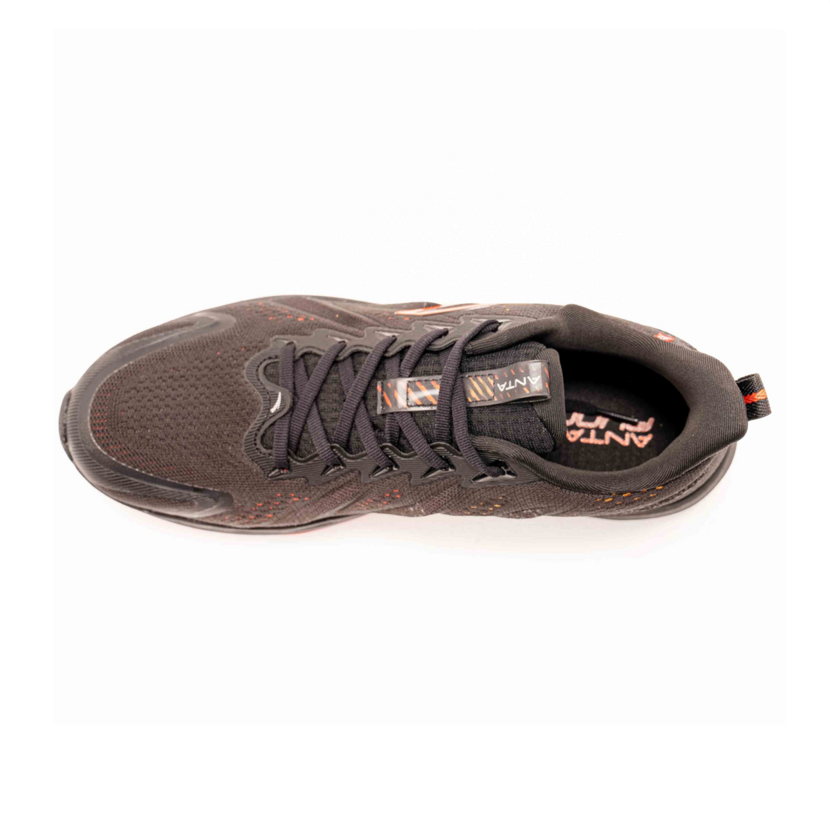 FRG men's black running shoes with breathable mesh upper and orange accents, top-down view