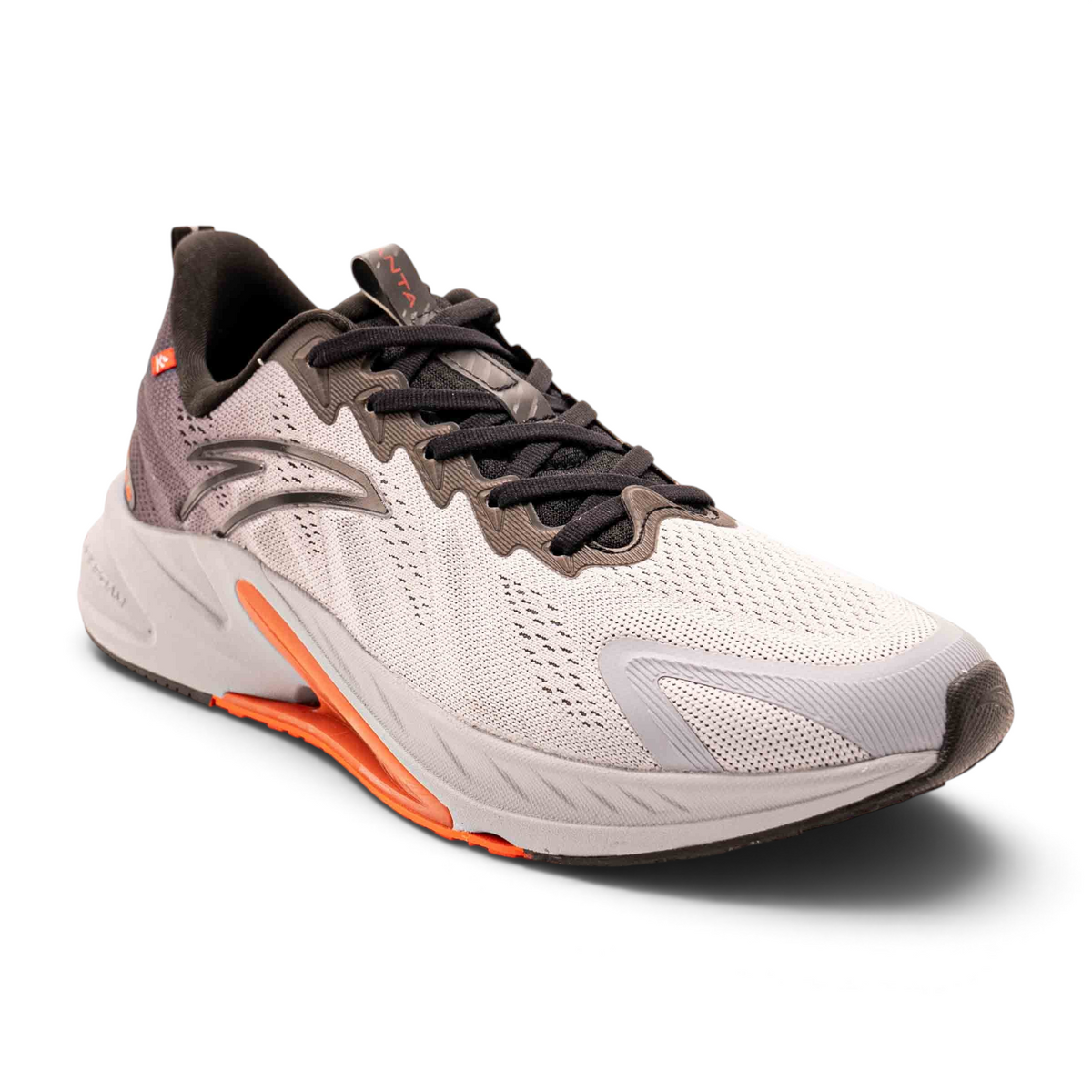 FRG running shoes in grey and white mesh with black laces and vibrant orange sole accents for athletic performance