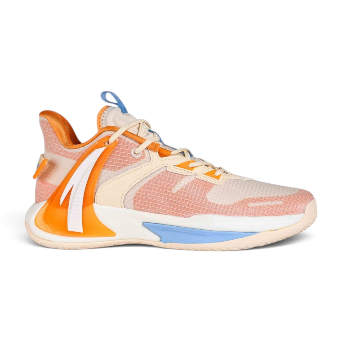 FRG basketball shoes in peach, orange, and light blue with a mesh upper and supportive side cage design