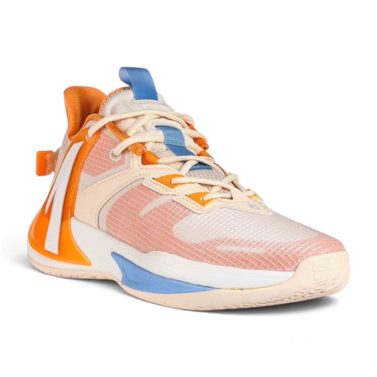 FRG basketball shoes in cream, orange, and light blue with a mesh upper and supportive heel cage