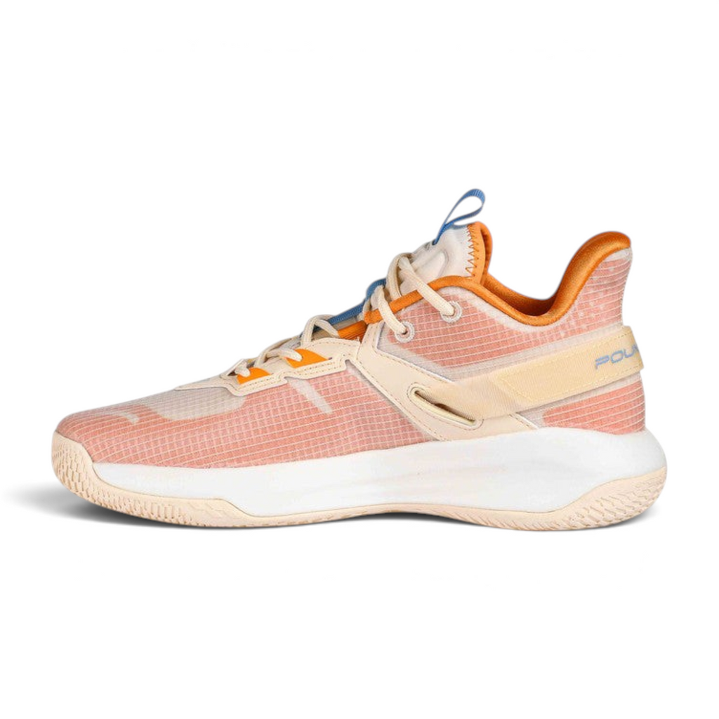 FRG basketball shoes in peach and cream mesh with orange accents and a white performance sole, side view.