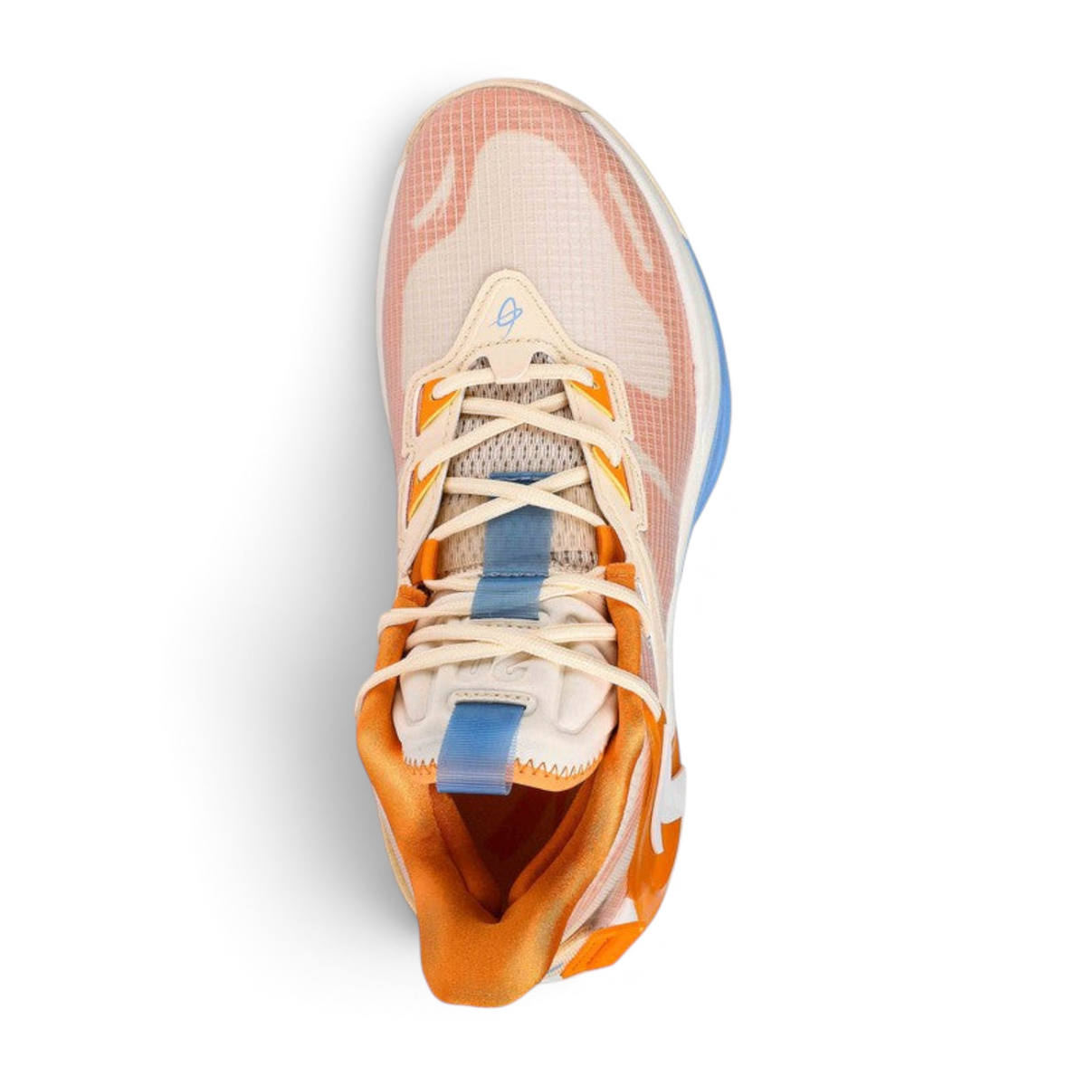 FRG basketball shoes in peach, orange, and blue with a lightweight mesh upper and cushioned high-top design.