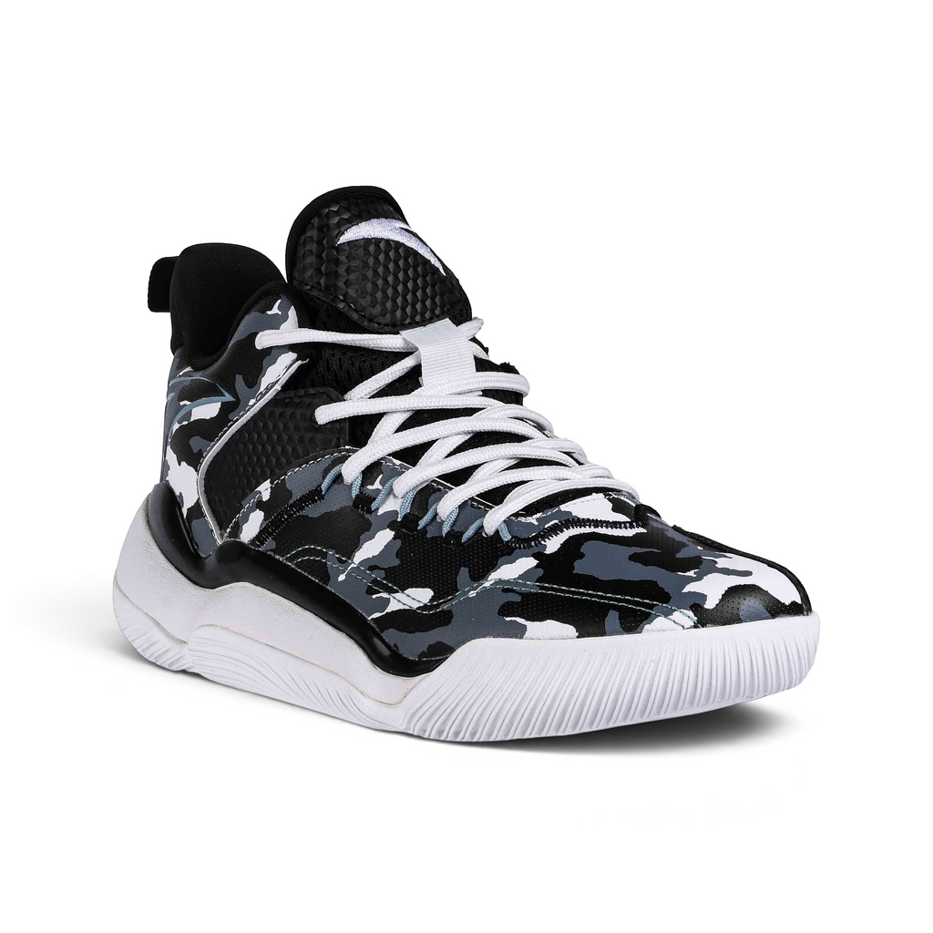 FRG basketball shoes featuring a black, white, and grey camouflage pattern with white laces and a durable rubber sole.