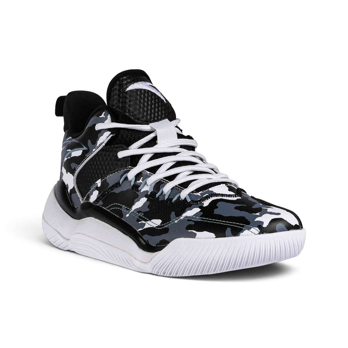 FRG basketball shoes featuring a black, white, and grey camouflage pattern with white laces and a durable rubber sole.