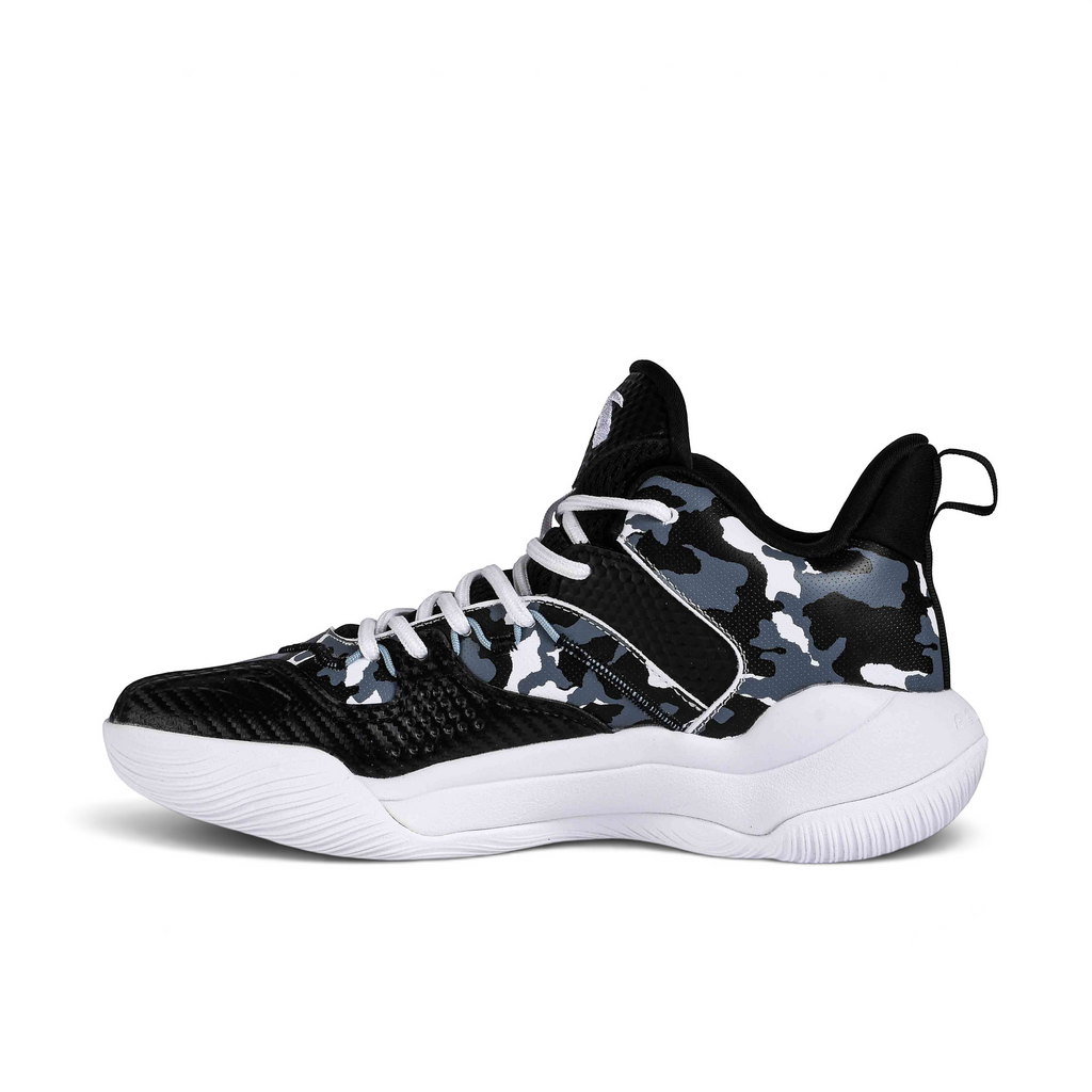 FRG basketball shoes featuring a black and white camouflage pattern with white laces and a thick white rubber sole.