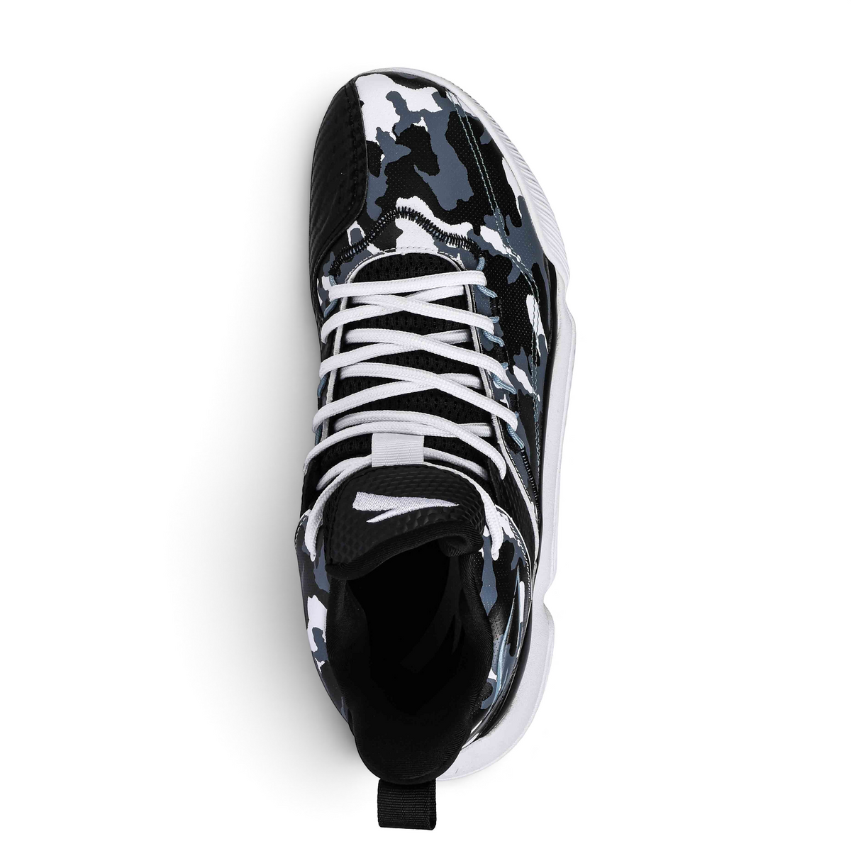 FRG basketball shoes featuring a black, white, and grey camouflage pattern with white laces and a white sole.